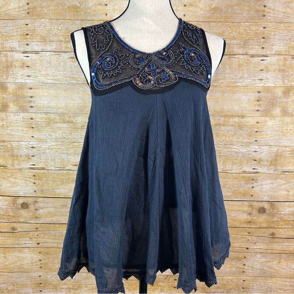 Free People Navy Blue Embellished Beaded Yoke Tank